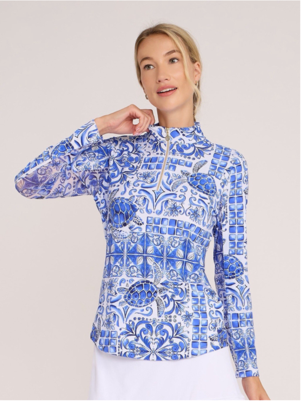 G LIFESTYLE Womens Long Sleeve Quarter Zip Mock Neck Gold Pullover Blue Turtle M